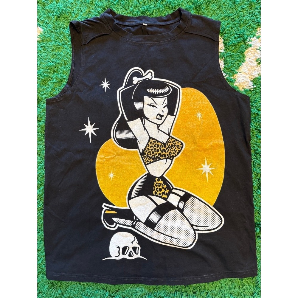 Unbranded Pinup Girl Tank Top Mens Small Black Excellent Rockabilly Skull Graphi